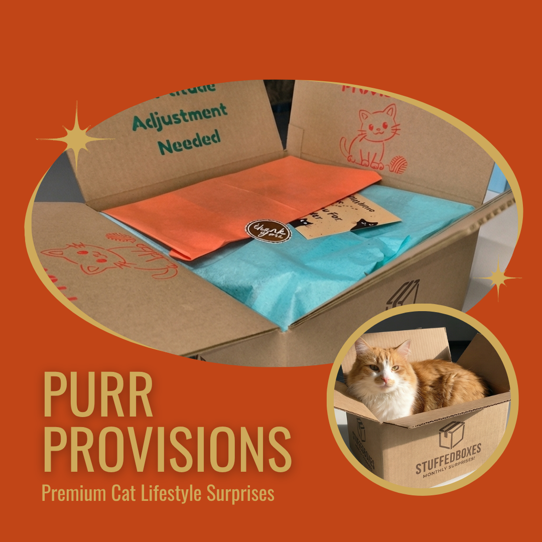 Cat-themed cardboard box with 'Purr Provisions' branding and a cat inside.