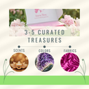 Sara Box with flowers and text '3-5 Curated Treasures scents, colors, fabrics