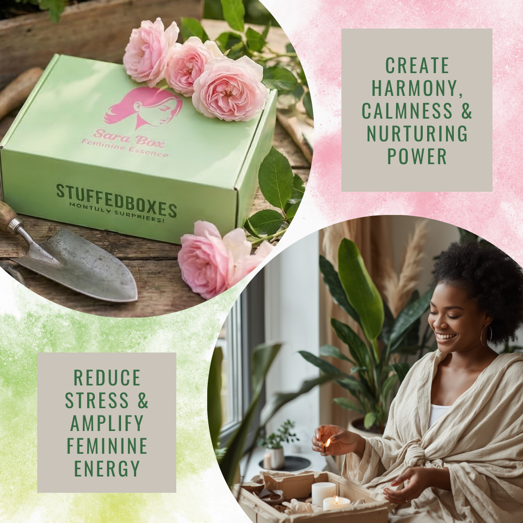 Stuffed Boxes packaging with pink roses, a woman opening a box, and text about creating harmony and reducing stress.