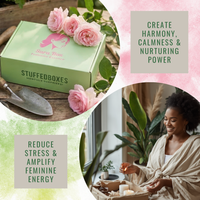 Stuffed Boxes packaging with pink roses, a woman opening a box, and text about creating harmony and reducing stress.