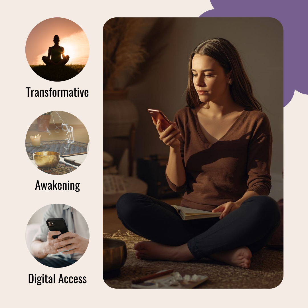 Woman sitting cross-legged using a phone with icons labeled 'Transformative', 'Awakening', and 'Digital Access' on the left.