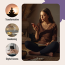 Woman sitting cross-legged using a phone with icons labeled 'Transformative', 'Awakening', and 'Digital Access' on the left.
