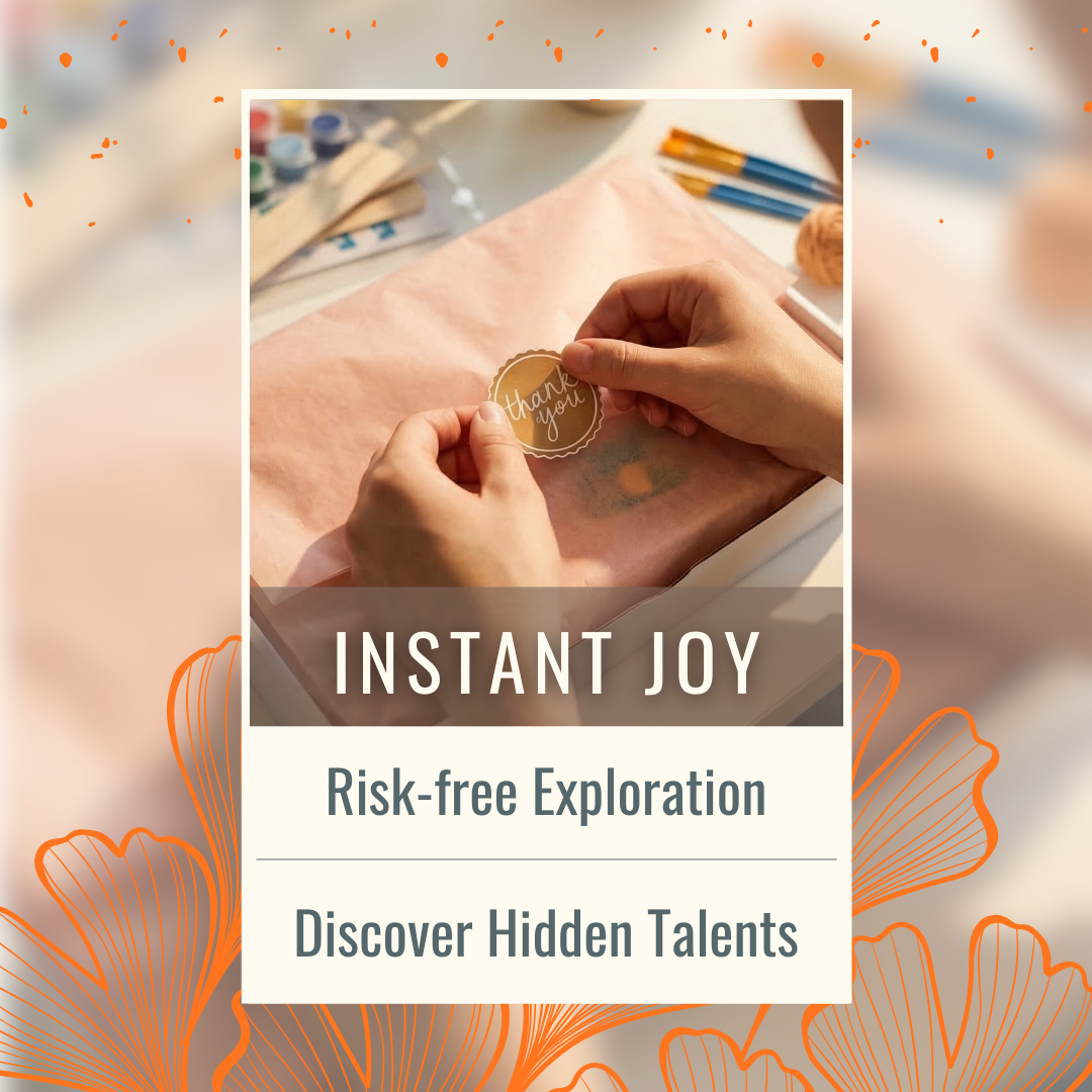 Person applying a 'thank you' sticker to a piece of fabric with text about risk-free exploration and discovering hidden talents.