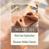 Person applying a 'thank you' sticker to a piece of fabric with text about risk-free exploration and discovering hidden talents.