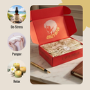 Red box with 'CRAZY BITCH' design on a marble surface, surrounded by lifestyle icons for de-stress, pamper, and relax.