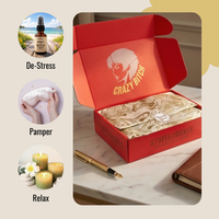 Red box with 'CRAZY BITCH' design on a marble surface, surrounded by lifestyle icons for de-stress, pamper, and relax.
