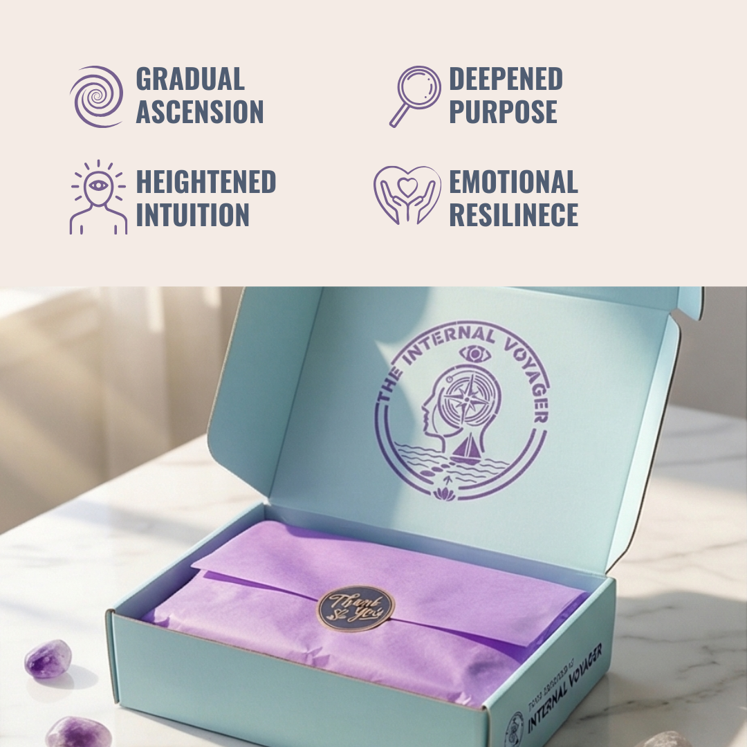 Open box with purple satin interior and 'The Internal Voyager' branding on a light surface.