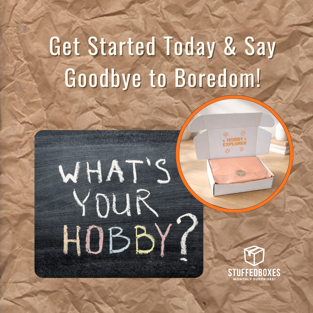Promotional image for 'Stuffed Boxes' with a blackboard asking 'What's Your Hobby?' and a box labeled 'Hobby Explorer'.