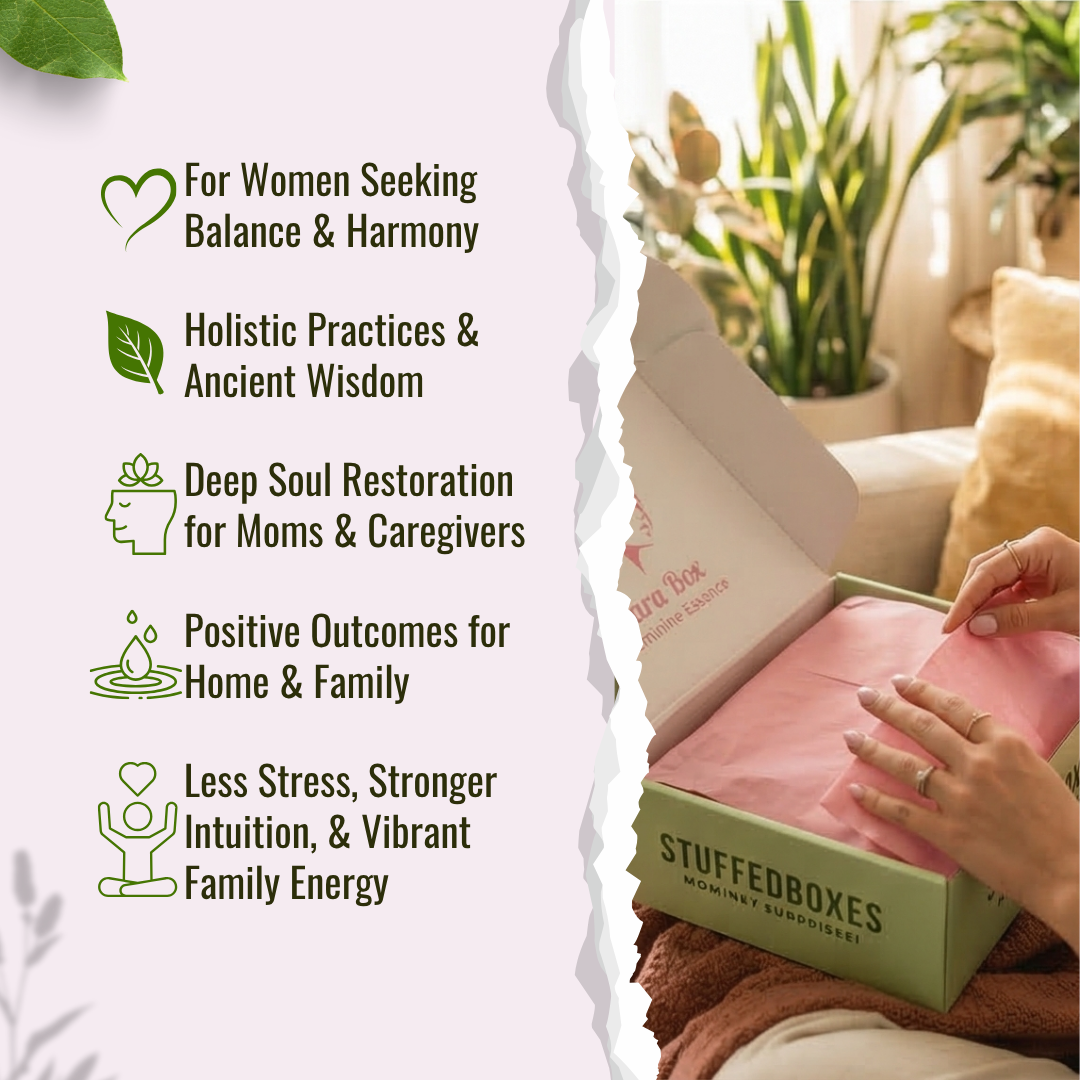 Stuffed Boxes product with text highlighting benefits for women seeking balance and harmony.