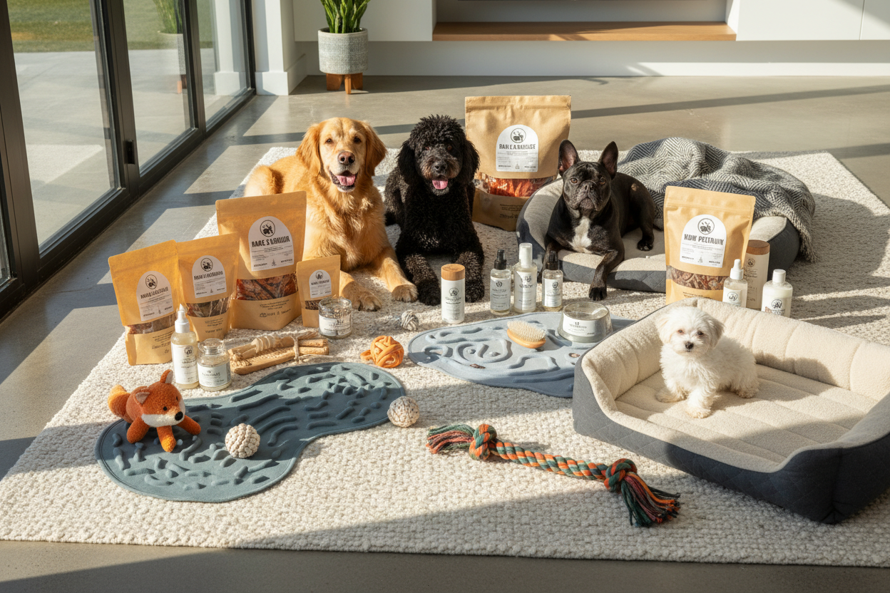 Multiple dogs surrounded by abundant premium products