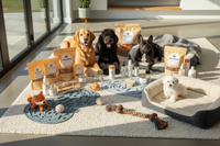 Multiple dogs surrounded by abundant premium products