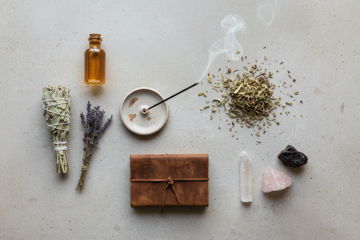 Spiritual items on natural stone surface